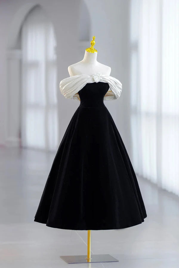 Wholesale White and Black Velvet Short Prom Dress Black Off Shoulder Evening Dress